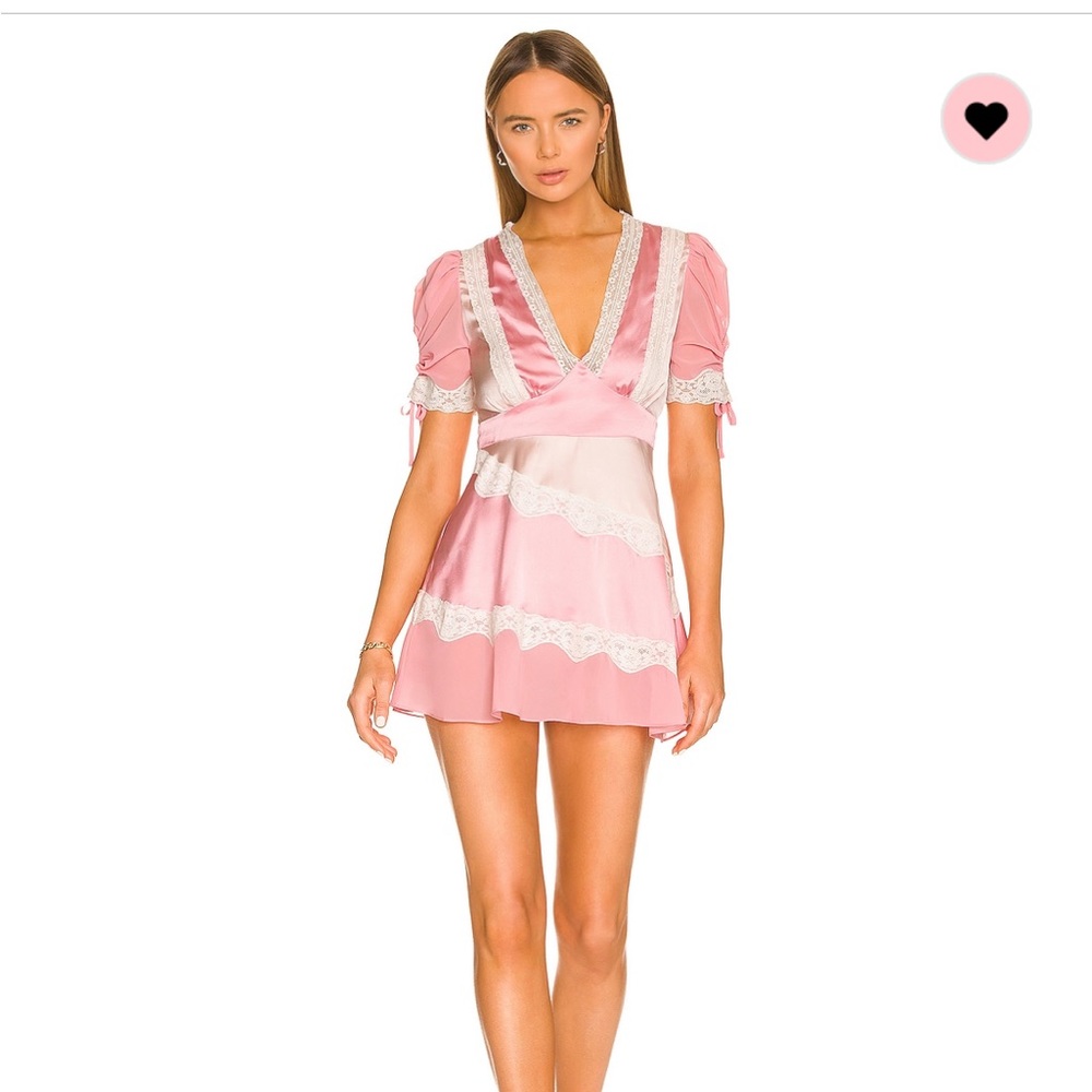 LoveShackFancy Pink and White Lace-Trim Mini Dress
